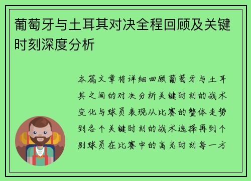 葡萄牙与土耳其对决全程回顾及关键时刻深度分析